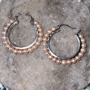 Pale Pink Pearl and 925 Silver Hoop Earrings